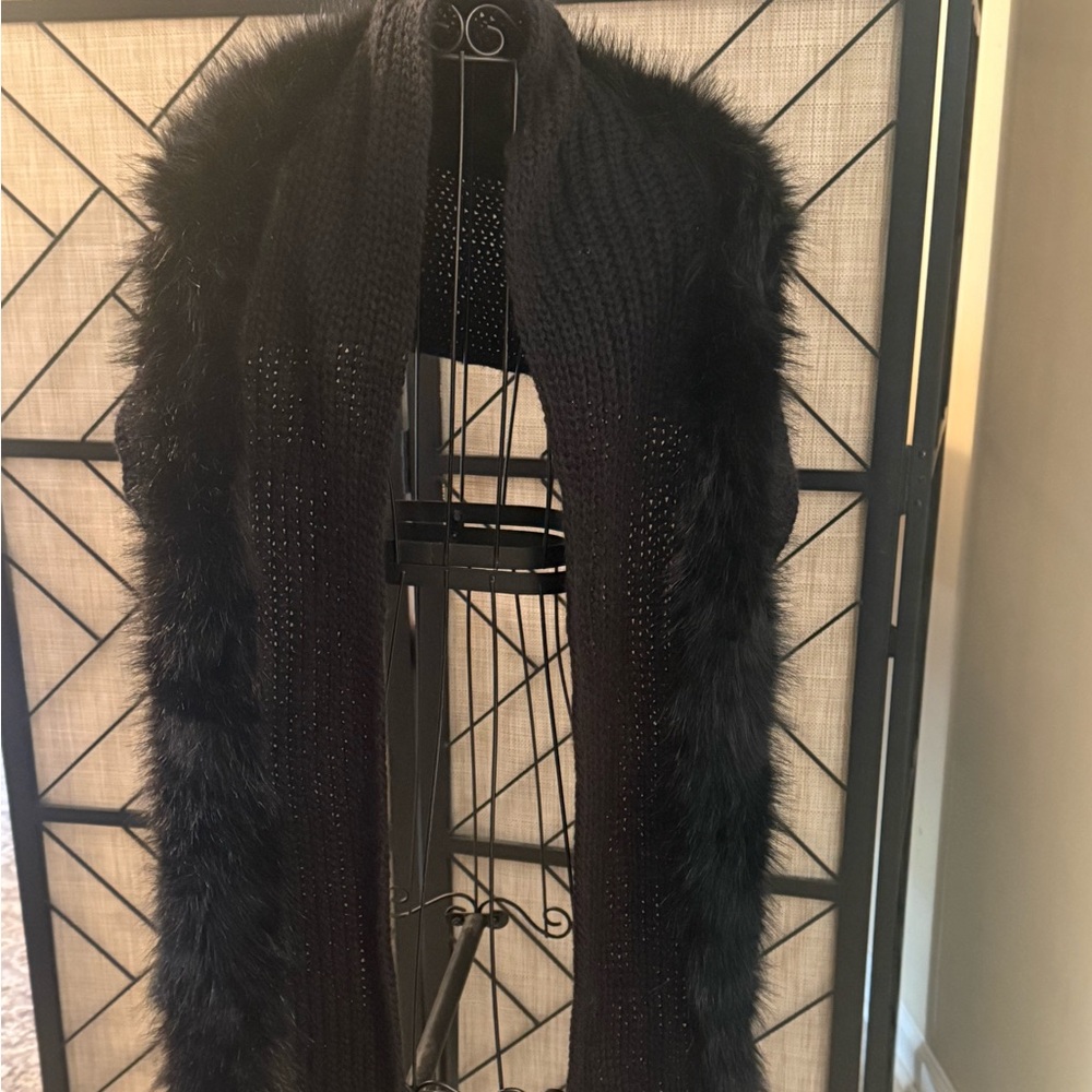 Aldo Black Knit Scarf with Faux Fur Trim